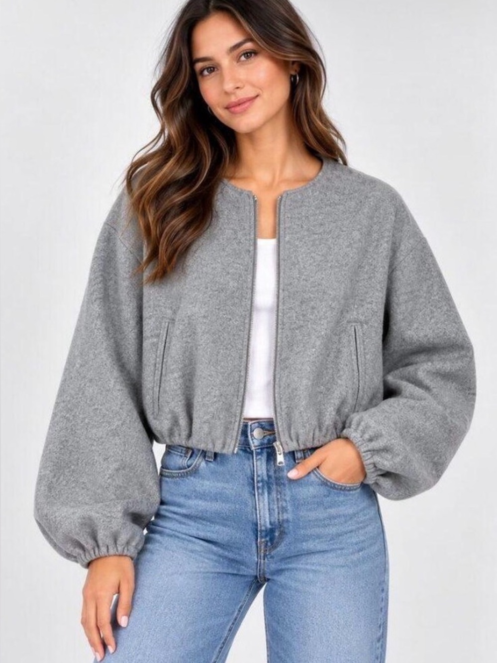 Womens Grey Bomber Jacket with Elastic Hem